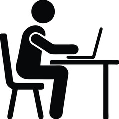 Fototapeta premium Minimalist Vector Silhouette Icon of Person Sitting at Desk Working on Laptop in Black and White Style for Office, Remote Work, Computer User Symbol, and Technology Signage