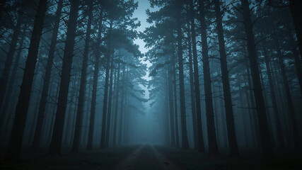 Fototapeta premium Fog entering creepy dark forest road at night