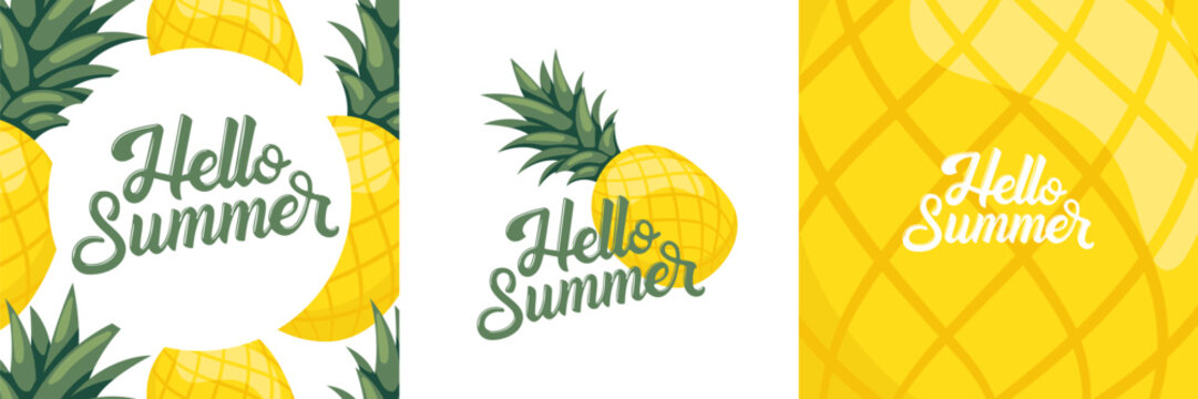 Set of Hello Summer cards with refreshing pineapple designs. Creative summer greetings - Powered by Adobe