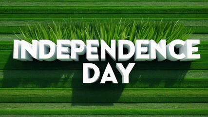 After grass tuft rising, 3D white title emerging on striped lawn at center, shadows adding depth - Powered by Adobe