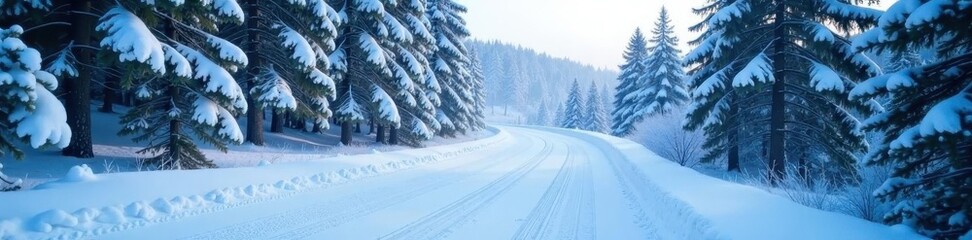 Heavy snowfall blankets a winding highway through a snow-dusted forest Panoramic view , cold, conifer