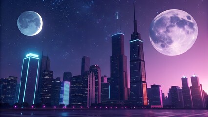 Double moon in the sky above a futuristic city — sci-fi atmosphere with neon lights
