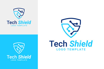 Circuit with shield for tech app logo design template vector illustration