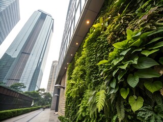 Green living wall in modern cityscape integrating nature into contemporary architecture