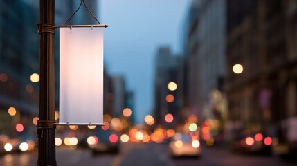 Blank flag banner on the street light pole, mockup on blurred cityscape with bokeh lights background.
