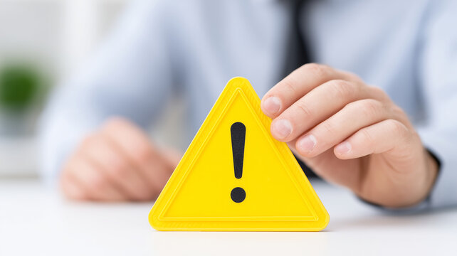 Warning sign held by person in business attire, symbolizing caution and alertness in professional environment