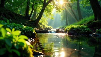 Obraz premium Sun-dappled stream flows through lush green woods, scenic, spring