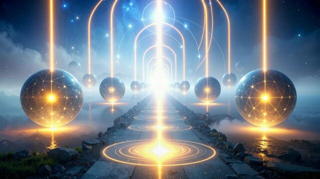 Luminous spheres illuminating a path leading to a bright light, symbolizing spiritual journey.