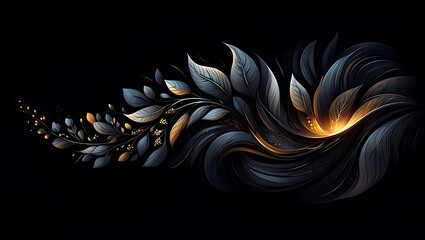 Elegant Dark Floral Swirl Gold and Silver Leaves Abstract Art