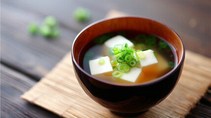 miso soup with tofu and green onion garnish in wooden bowl on bamboo mat