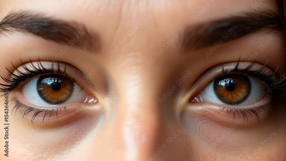 Poster the image features a close-up of a pair of striking brown eyes with defined eyelashes and brows.