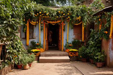 Fototapeta premium Decorated Indian doorway for Rath Yatra with floral garlands and open side for branding. 