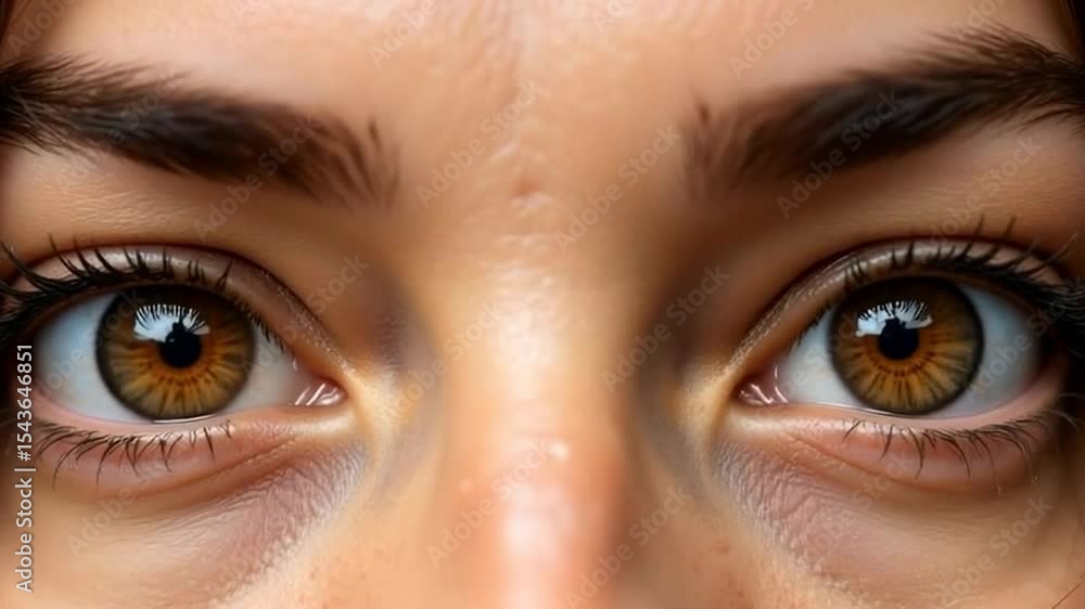 Poster the image features a close-up of a pair of striking brown eyes with defined eyelashes and brows.