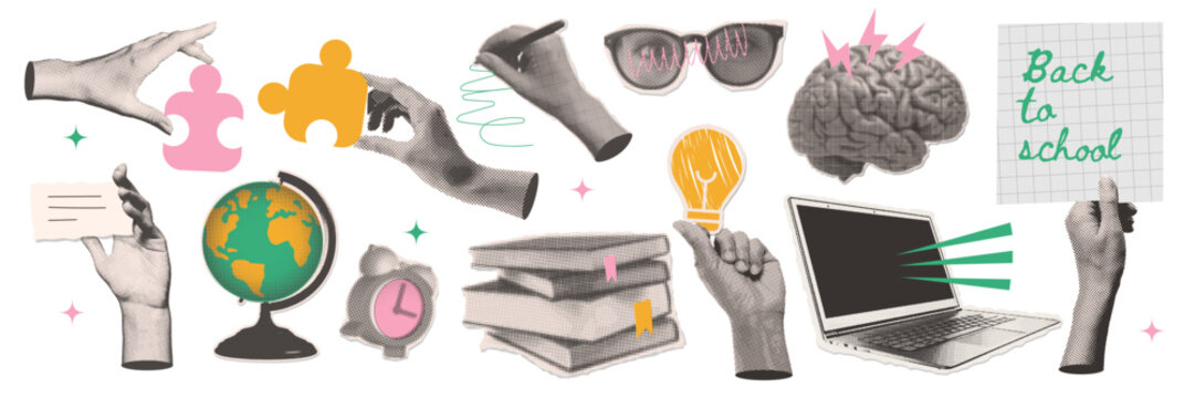 Set of school paper stickers, retro halftone collage elements for media design. Laptop, globe, lightbulb, books, alarm clock, hand, pen, puzzle. Vector design on the theme of school, study, university