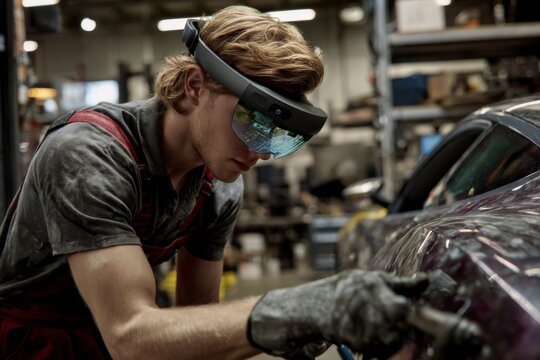 Mechanic uses Augmented Reality Headset to repair vehicle in garage with advanced holographic interface for automotive diagnostic solutions