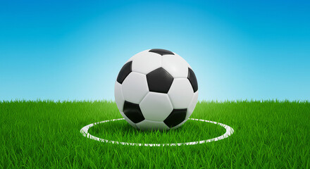 Classic Soccer Ball on Bright Green Field under Blue Sky for Sports