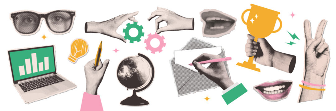 Big set with collage paper stickers for back to school or education theme. The halftone hand and study elements - laptop, globe, winner s cup. Vector dotted illustration