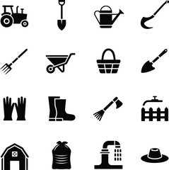 Farm and gardening tools icons black glyph set