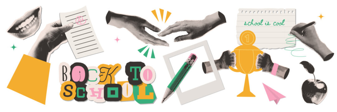 Funny back to school collage elements set. Dotted Halftone hands holding school supplies and stationery. Modern retro vector illustration - Powered by Adobe