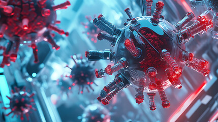 Nanobot vacuuming viral fragments into molecular storage pod 