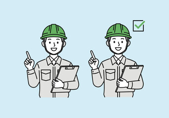 Confident Construction Worker with Hard Hat and Checklist - Approved Project. Hand drawn style vector design illustrations.
