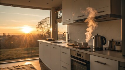 Kitchen interior with sunset view and steaming kettle on stove