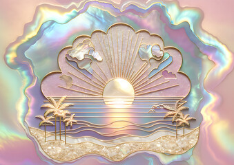 Rainbow pearlescent background with golden pattern of sunset on the coast with palm trees