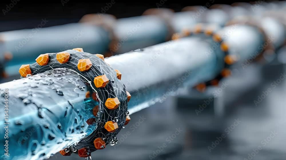 Poster conceptual low-poly illustration of a high-tech oil pipeline with glowing grid overlay and liquid si