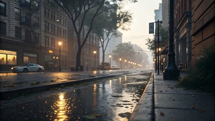 Wet city street with buildings and streetlights in the evening