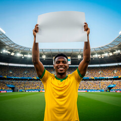  Smiling soccer player in plain yellow shirt holds a blank poster in a bright stadium.