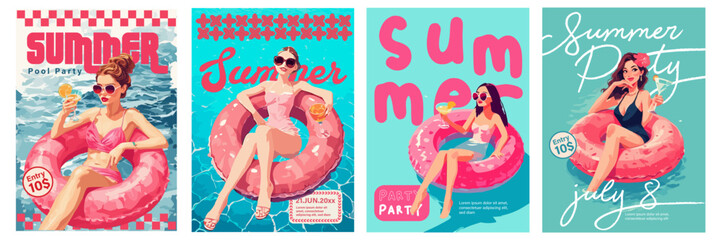 Summer Pool Party Posters - Fun Beach Event Art women on floaties with bold colors