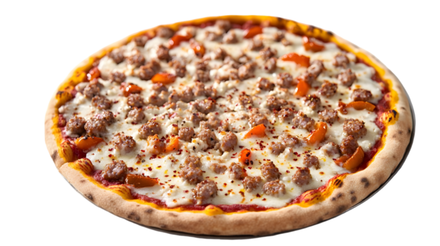 A whole pizza with sausage mozzarella and tomato on a black table on transparent background png