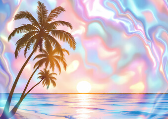 Rainbow pearlescent background with golden pattern of sunset on the coast with palm trees
