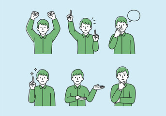 Casual Man with Various Expressions - Idea, Confidence, and Thought. Hand drawn style vector design illustrations.