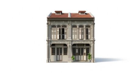 Traditional Peranakan or Sino-Portuguese Colonial Shophouse Isolated on White Background.