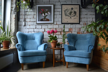 Hotel lobby with empty lounge area and reception desk, decorations and classy interior design. Resort entrance decorated with plants and marble floors, stylish furniture and couch.