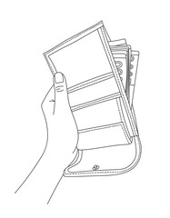 Hand holding wallet with money line art vector illustration