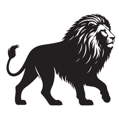 Elegant walking lion silhouette with head turned detailed black vector animal illustration ideal for wildlife artwork, nature prints, animal lovers, and digital crafting.