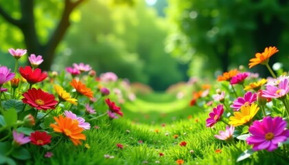 Fototapeta premium Lush green garden bursting with colorful summer flowers , plants, botany