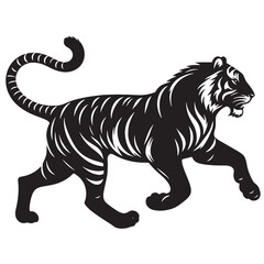 Obraz premium Dynamic running tiger silhouette in profile view – bold black vector animal design suitable for wildlife prints, nature illustrations, apparel designs, and jungle-themed crafts.