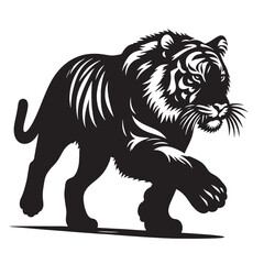 Dynamic running tiger silhouette in profile view – bold black vector animal design suitable for wildlife prints, nature illustrations, apparel designs, and jungle-themed crafts.