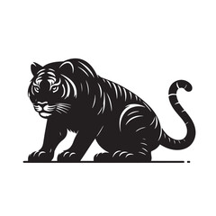 Crouching tiger silhouette in sleek black vector style – ideal for nature cut files, predator designs, digital art, and exotic wildlife products.