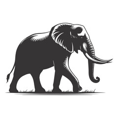 Walking elephant silhouette with tusks in black vector style. Perfect for wildlife posters, safari prints, nature education, and cultural decor.
