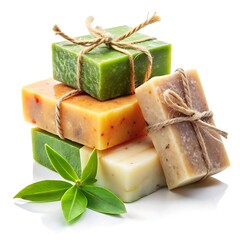 Stack of natural handmade soaps with a green leaf isolated on white background