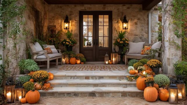 Cozy autumn front porch decorated with pumpkins, lanterns and flowers for seasonal festive celebration