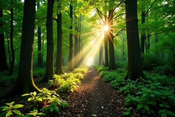 Obraz premium Sun-dappled forest path forks, multiple trails ahead, vegetation, spring