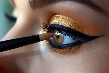 Close-up of eye makeup application showcasing gold eyeshadow and winged eyeliner technique on a model