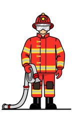 Firefighter Holding Hose Vector Illustration – Emergency Services Hero in Uniform for Safety Campaigns and Rescue Concepts