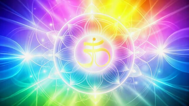 Bright colorful swirling symbol radiating light beams and flower petals.