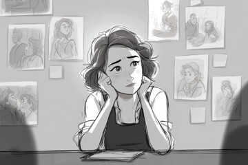 Pensive Woman Sits at Desk Surrounded by Character Sketches, Feeling Lost and Uncertain About Her Work and Creative Direction